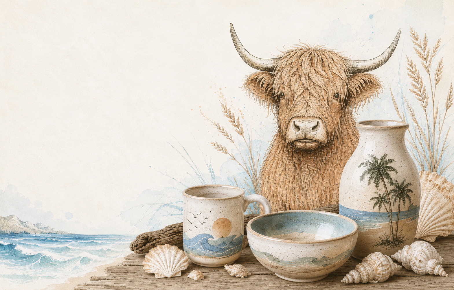Decorative illustration of a shaggy Highland cow with coastal pottery, shells, and beach grass arranged in front of it on a textured paper background