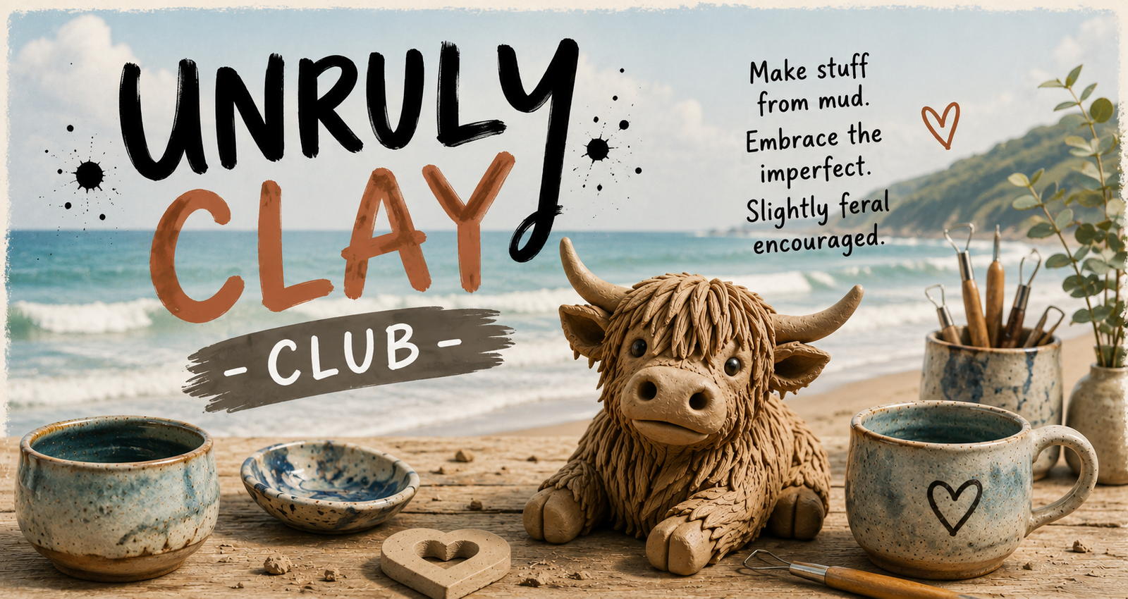 Unruly Clay Club — a handmade ceramic Highland cow, speckled blue pottery mugs and bowls on driftwood by the beach