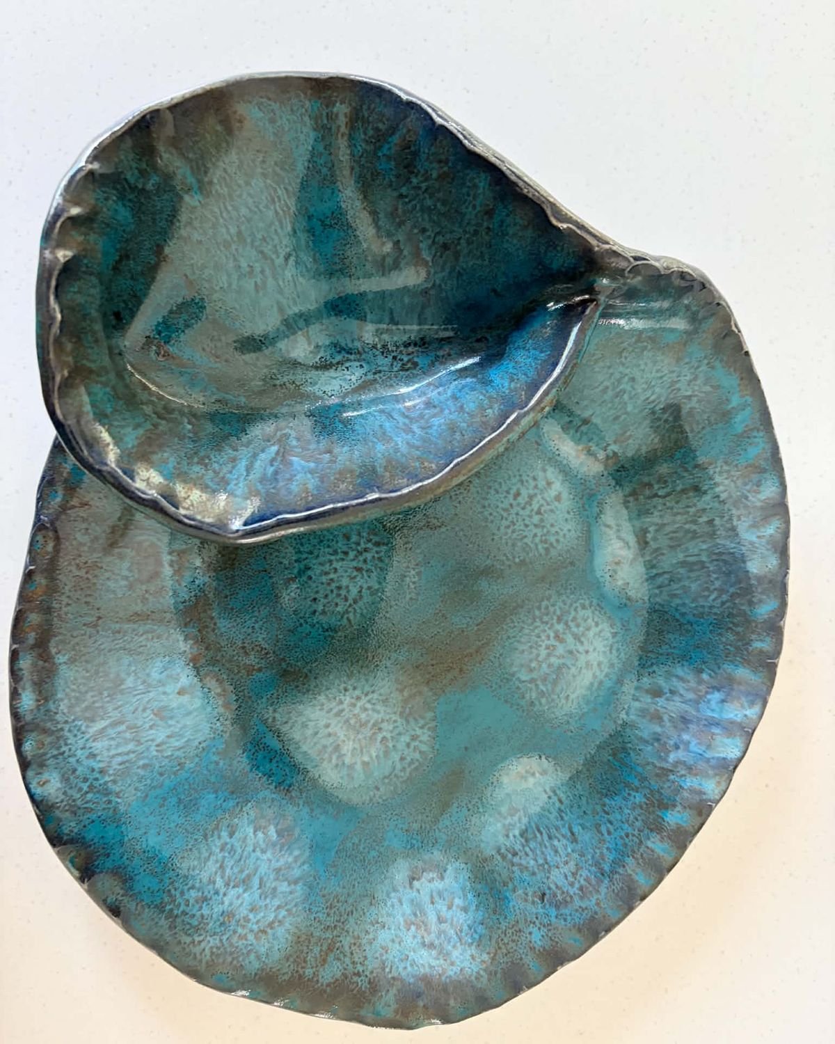 Two-part handbuilt serving dish in teal and sea-green glazes